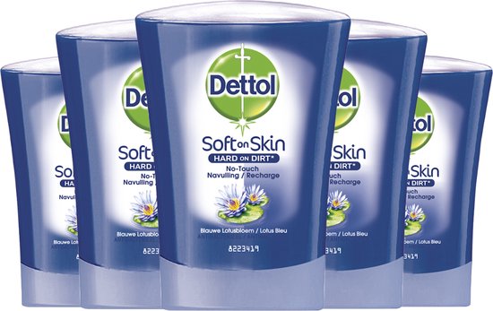 Recharge de savon pour les mains sans contact Dettol Fleur de lotus bleu - 5 x 250 ml - Grand emballage