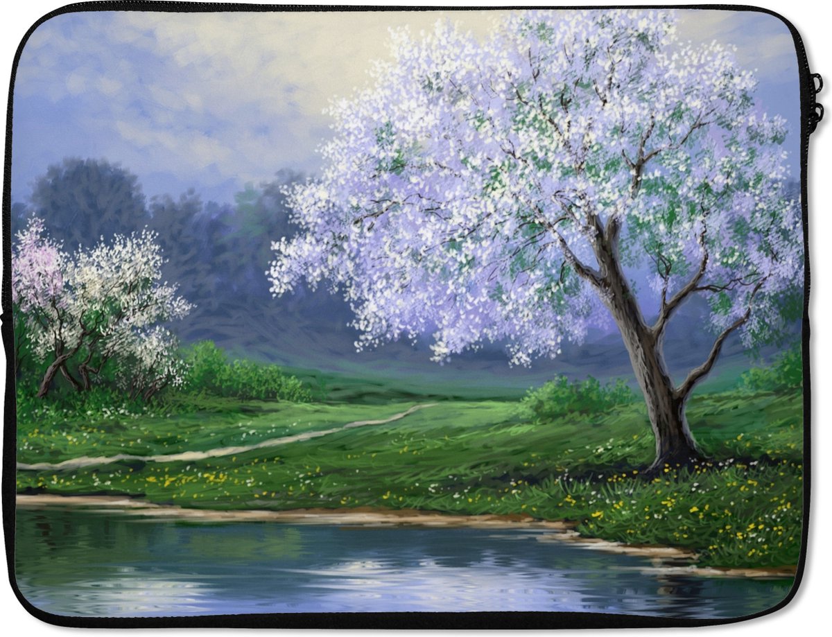 Laptophoes 15.6 inch - Schilderij - Boom - Bloesem - Natuur - Water - Laptop sleeve - Binnenmaat 37x26 cm - Zwarte achterkant