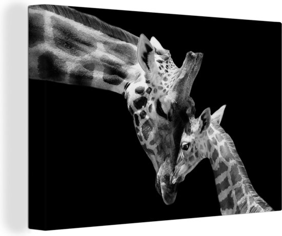 Canvas - Wilde dieren - Giraffe - Familie - Zwart - Wit - Schilderijen op canvas - Canvas doek - 60x40 cm - Wanddecoratie - Woonkamer
