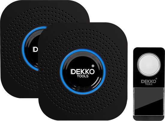 Twee zwarte Dekko Tools deurbelontvangers met blauwe ring en een zwarte deurbelknop met zilveren drukker.