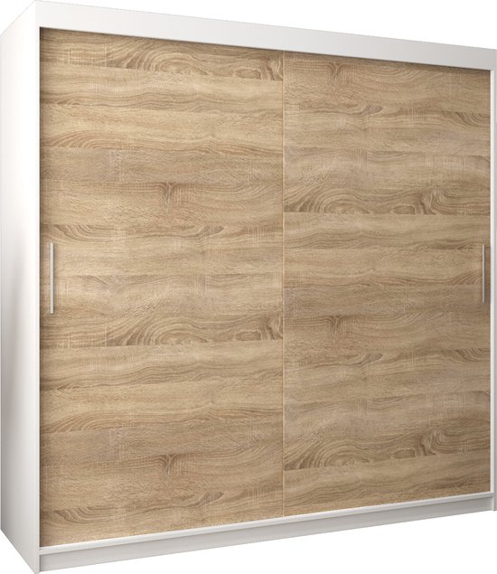 Witte kledingkast met 2 schuifdeuren met Sonoma eikenhouten decor.