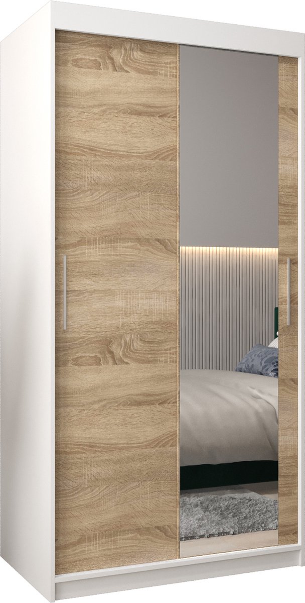 InspireME Kledingkast met 2 schuifdeuren, Modern-stijl, Kledingkast met planken (BxHxD): 100x200x62 - TORM II 100 Wit Mat + Sonoma Eik met 2 lades