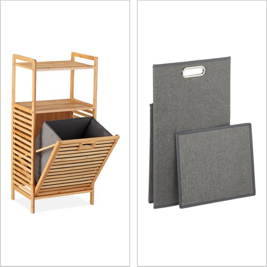 Relaxdays badkamerrek met wasmand, bamboe, wassorteerder met 2 manden, HxBxD: 85 x 44 x 33 cm, slaapkamer, naturel/beige