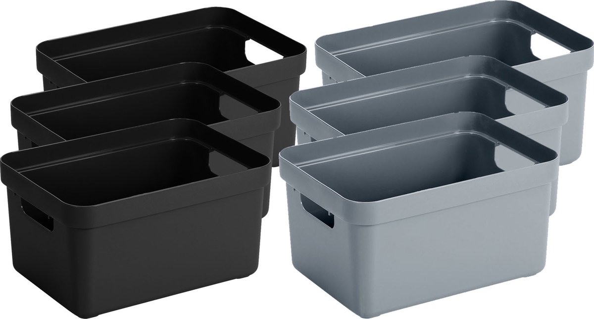 Sunware opbergboxen - manden - 10x stuks - 5 liter p/st - kunststof - 3x zwart en 3x blauw - 25 x 18 x 12 cm