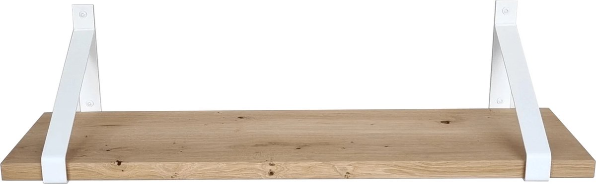 GoudmetHout Wandplank Industrieel - 60 x 30 cm Muurplank - Eiken Hout - Decoratie Wandrek & Boekenrek - Hangplank Keuken - Wall Shelf + 2 Mat Witte Plankdragers van Staal Licht eiken, mat wit, - 30 cm