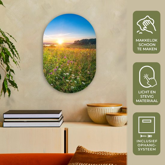 Ovale mural - Décoration murale en plastique - Tableau ovale - Soleil - Herbe - Fleurs - 40x60 cm - Forme miroir ovale sur plastique