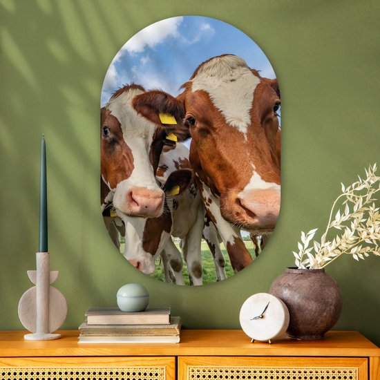 Ovale Mural - Ovale Mural - Décoration murale Plastique - Peinture Ovale - Vaches - Animaux - Pâturage - Nature - 60x90 cm - Forme miroir ovale sur plastique