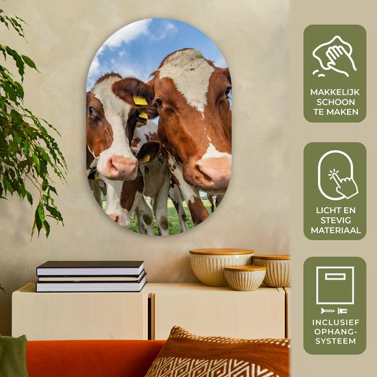 Ovale Mural - Ovale Mural - Décoration murale Plastique - Peinture Ovale - Vaches - Animaux - Pâturage - Nature - 60x90 cm - Forme miroir ovale sur plastique