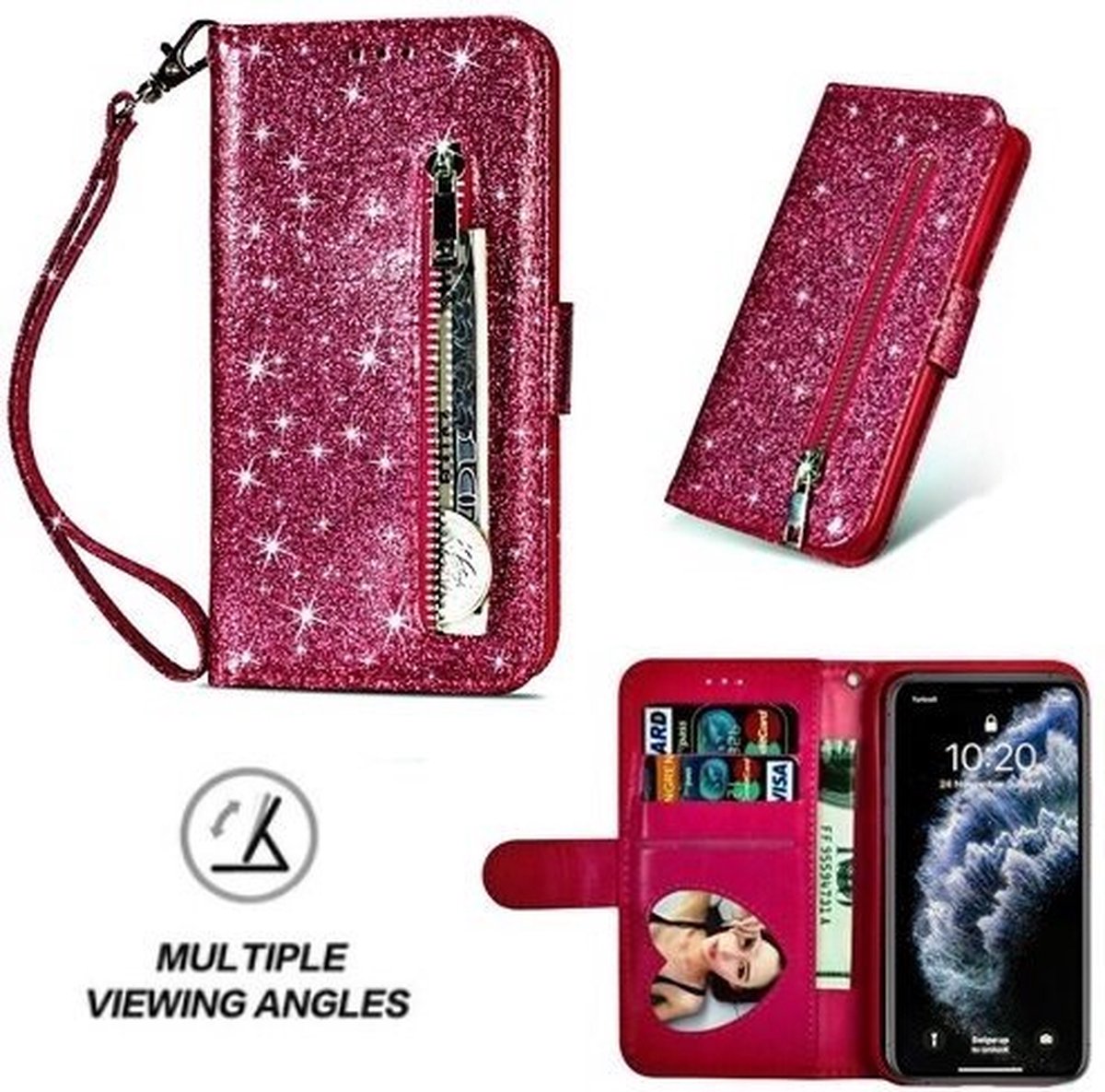 iPhone 11 Pro Max Glitter Hoesje Met Pasjeshouder Bookcase Roze
