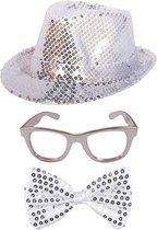 Faram Verkleedkleding set hoed/strikje/bril zilver glitter volwassenen