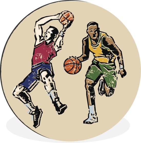 WallCircle - Wandcirkel - Muurcirkel - Een illustratie van twee basketballers die druk bezig zijn met hun sport - Aluminium - Dibond - ⌀ 90 cm - Binnen en Buiten