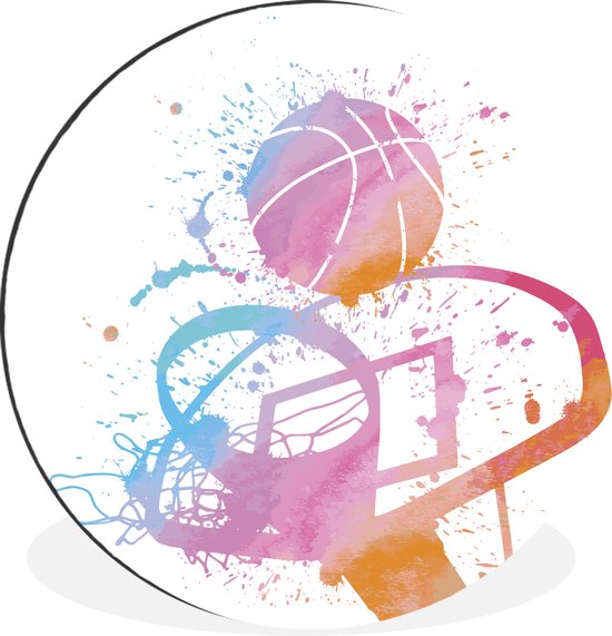 WallCircle - Wandcirkel - Muurcirkel - Een illustratie van een basketbal en basket weergegeven in waterverf - Aluminium - Dibond - ⌀ 30 cm - Binnen en Buiten