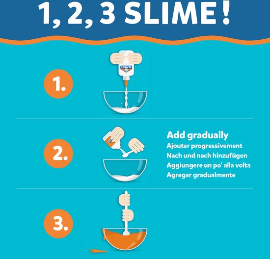 Instructions pour faire du slime : 1. Pressez la colle dans un bol. 2. Ajoutez progressivement. 3. Remuez le mélange.