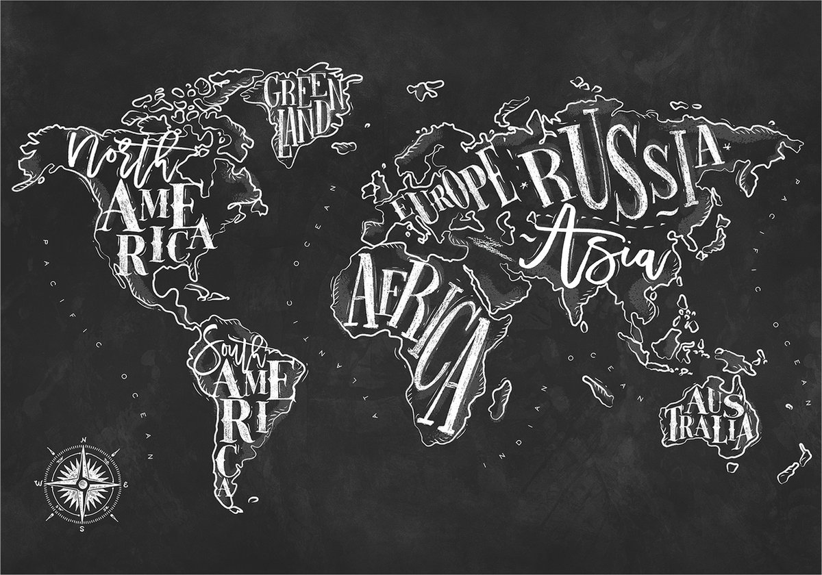 Fotobehangkoning - Behang - Vliesbehang - Fotobehang Vintage Wereldkaart - Continenten - Retro Continents (Black) - 400 x 280 cm