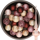 Decoris Kerstballen - 37 ST - kunststof - 6 cm - roze en bruin tinten - met glazen piek
