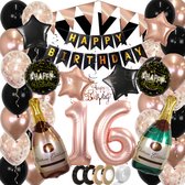 16 Jaar Feest Verjaardag Versiering Confetti Helium Ballonnen Slingers Happy Birthday Rose Goud & Zwart XL SET – 60 Stuks