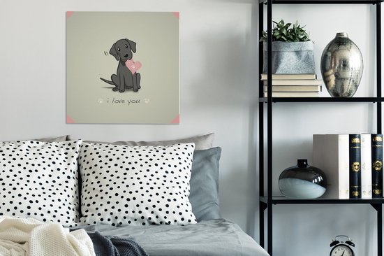 Une illustration d'un chiot noir avec un coeur toile 50x50 cm - Tirage photo sur toile (Décoration murale salon / chambre) / Peintures sur toile Animaux domestiques