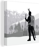Canvas Schilderij Een silhouet van een skiër in een illustratie - 50x50 cm - Wanddecoratie