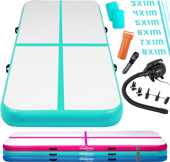 KM Fit Opblaasbare Turnmat – Airtrack 5m, Mintgroen | 250 Kg Draagvermogen, UV-bestendig | Incl. Pomp, Tas & Reparatieset | Voor Gymnastiek, Yoga & Meer