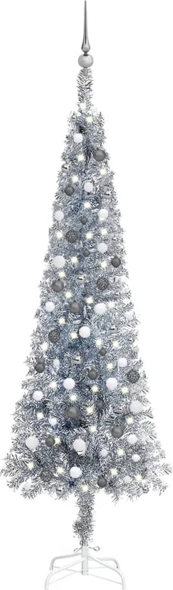 Prolenta Premium - Kerstboom met LED's en kerstballen smal 240 cm zilverkleurig