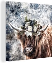 Canvas Schilderij Schotse hooglander - Dieren - Bloemen - 20x20 cm - Wanddecoratie