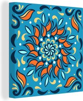 Motif carré sur fond bleu avec une fleur orange et décorations 50x50 cm - Tirage photo sur toile (Décoration murale salon / chambre)
