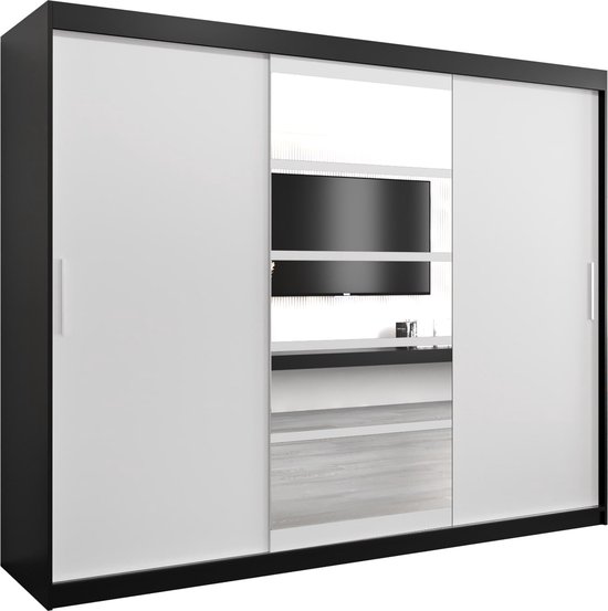 InspireMe - Kledingkast met 3 schuifdeuren, Modern-stijl, Een kledingkast met planken en een spiegel (BxHxD): 250x200x62 - VENEZIA I 250 Zwart Mat + Wit Mat mat 4 lades