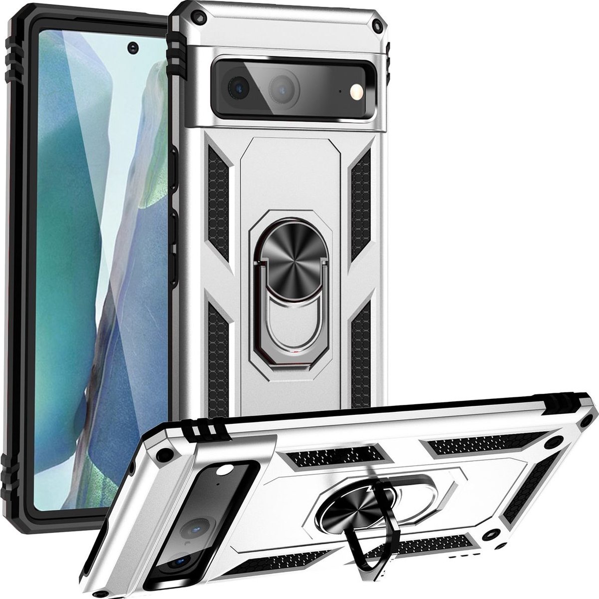 Mobigear Hoesje geschikt voor Google Pixel 7 Telefoonhoesje Hardcase | Mobigear Armor Ring Backcover Shockproof met Ringhouder | Schokbestendig Pixel 7 Telefoonhoesje | Anti Shock Proof - Zilver
