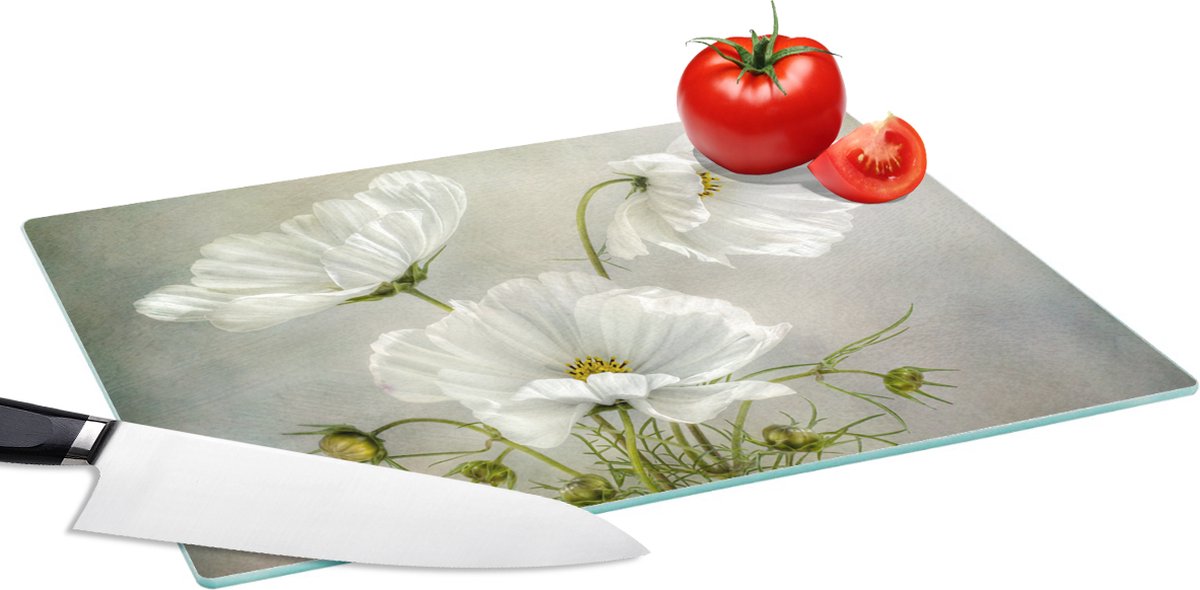 Glazen Snijplank - 39x28 - Bloemen - Stilleven - Klaproos - Wit - Botanisch - Snijplanken Glas