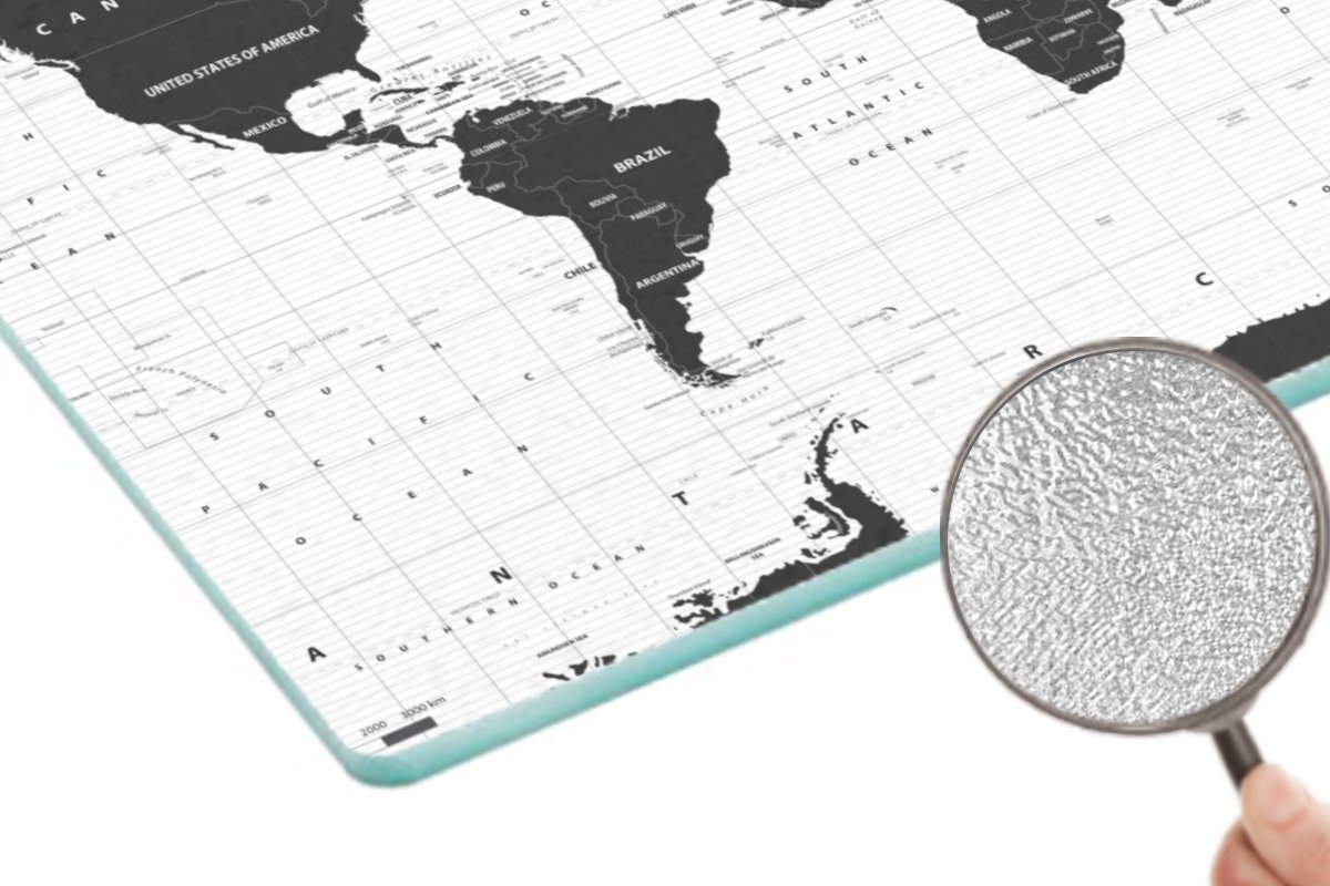Glazen Snijplank - 28x20 - Wereldkaart - Zwart - Wit - Atlas - Aarde - Educatief - Snijplanken Glas