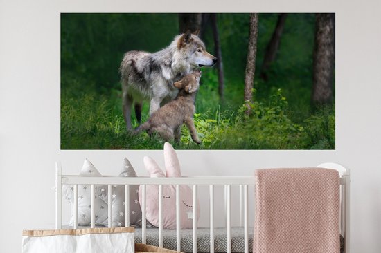 Stickers muraux - Film autocollant - Loup - Bébé - Forêt - 120x60 cm - Film adhésif - Stickers muraux Chambre d'enfant - Papier peint autocollant