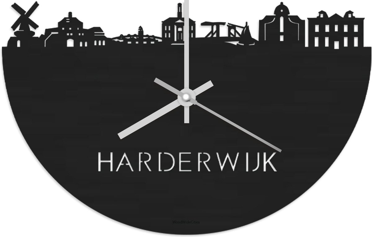 Skyline Klok Harderwijk Zwart hout - Ø 40 cm - Stil uurwerk - Wanddecoratie - Meer steden beschikbaar - Woonkamer idee - Woondecoratie - City Art - Steden kunst - Cadeau voor hem - Cadeau voor haar - Jubileum - Trouwerij - Housewarming -