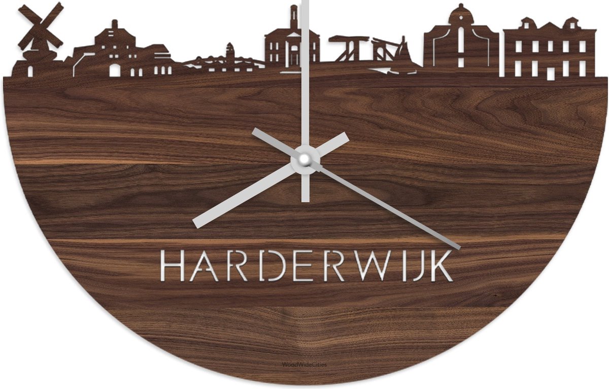Skyline Klok Harderwijk Notenhout - Ø 40 cm - Stil uurwerk - Wanddecoratie - Meer steden beschikbaar - Woonkamer idee - Woondecoratie - City Art - Steden kunst - Cadeau voor hem - Cadeau voor haar - Jubileum - Trouwerij - Housewarming -