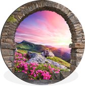 WallCircle - Wandcirkel - Muurcirkel - Landschap - Doorkijk - Bloemen - Berg - Aluminium - Dibond - ⌀ 30 cm - Binnen en Buiten