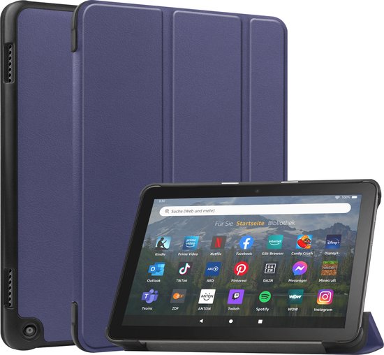 Case2go - Tablet hoes geschikt voor Amazon Fire 8 HD (2022) - 8 Inch Tri-fold cover - Met Touchpad & Stand functie - Donker Blauw