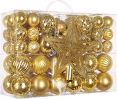 Kerstballen, kunststof, 101 stuks, met topper, ster, kerstboomversiering, set goud en rood, met haken, kleurrijk, gemakkelijk te bekleden, herbruikbaar