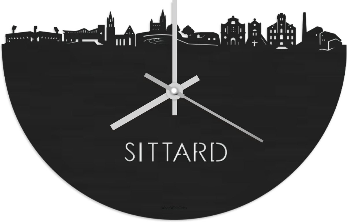 Skyline Klok Sittard Zwart hout - Ø 40 cm - Stil uurwerk - Wanddecoratie - Meer steden beschikbaar - Woonkamer idee - Woondecoratie - City Art - Steden kunst - Cadeau voor hem - Cadeau voor haar - Jubileum - Trouwerij - Housewarming - WoodWideCities