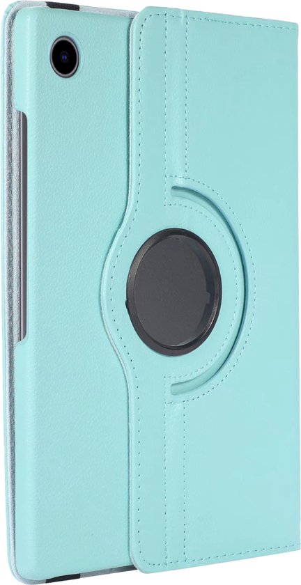 Étui de tablette bleu clair, rotatif à 360 degrés, en position fermée.