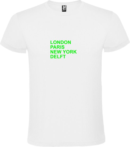 Wit T-shirt 'LONDON, PARIS, NEW YORK, DELFT' Groen Maat M