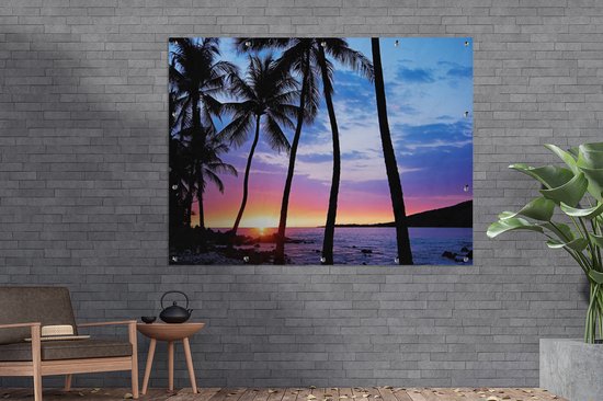 Une silhouette de palmiers lors d'un coucher de soleil sur Hawaii Poster Jardin 160x120 cm - Toile de jardin / Toile d'extérieur / Peintures d'extérieur (décoration de jardin) XXL / Groot format!