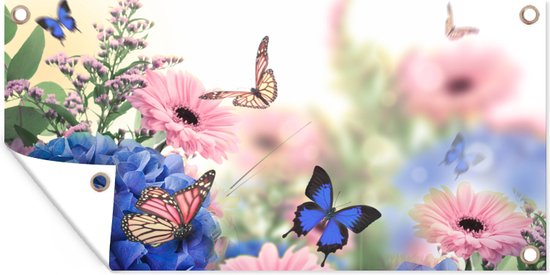 Tuinposter Vlinders - Bloemen - Hortensia - Insecten - 60x30 cm - Tuindoek - Buitenposter