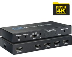 NÖRDIC SGM-212 HDMI Switch 4 naar 1 - Met Multiviewer - 4K30hz - HDCP1.4 - Zwart - 4 apparaten op 1 HDMI monitor
