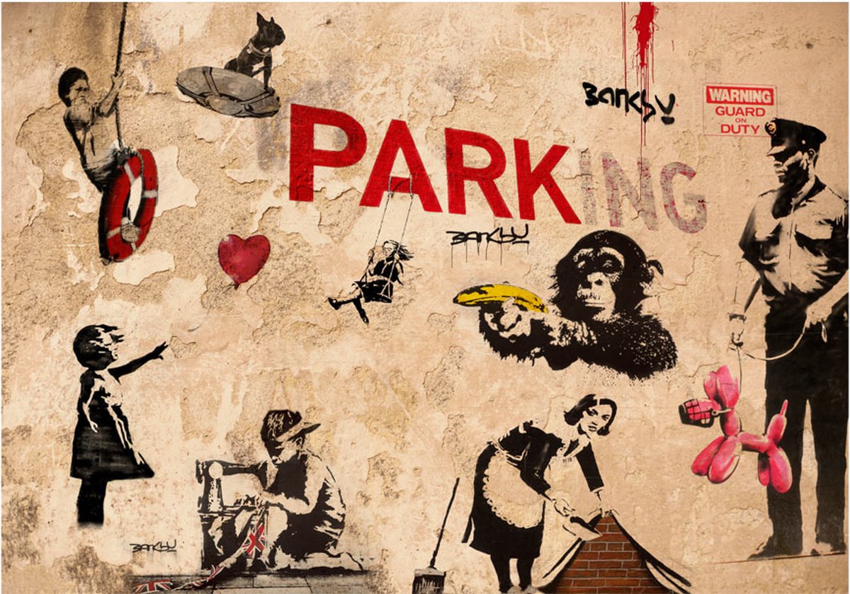 Fotobehangkoning - Behang - Vliesbehang - Fotobehang Banksy Muurschildering - Straatkunst - Graffiti - 400 x 280 cm