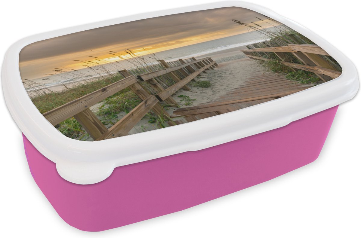 Broodtrommel Roze - Lunchbox - Brooddoos - Strand - Zee - Duin - Pad - 18x12x6 cm - Kinderen - Meisje