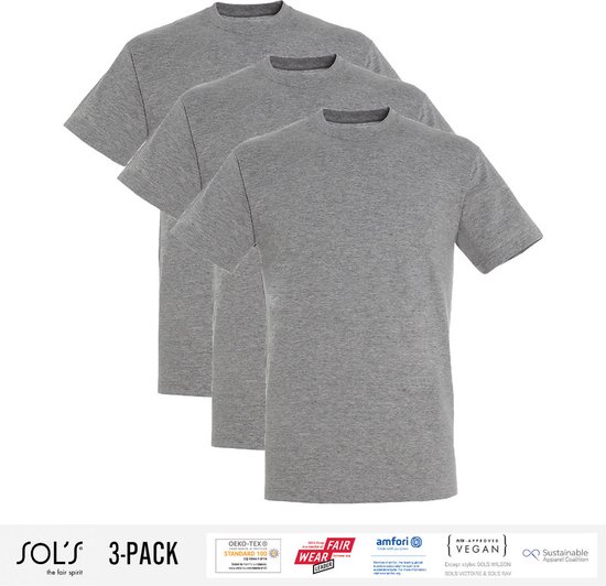 3 Pack Sol's Heren T-Shirt 100% biologisch katoen Ronde hals Grg Maat 3XL