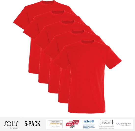 5 Pack Sol's Jongens/Meisjes T-Shirt 100% biologisch katoen Ronde hals Rood Maat 96/104 (3/4 Jaar)