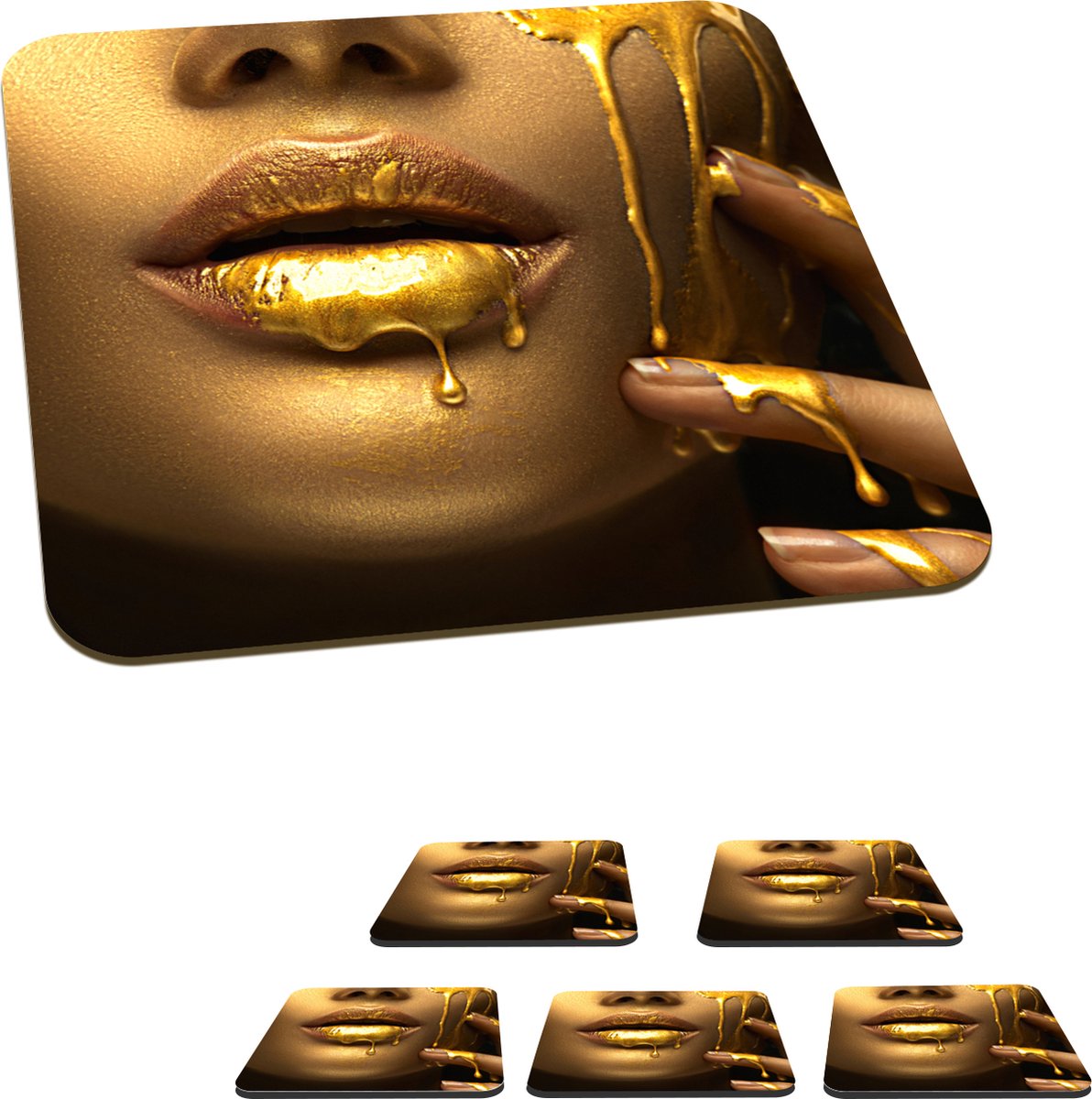 Onderzetters voor glazen - Vrouw - Verf - Goud - 10x10 cm - Glasonderzetters - 6 stuks