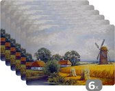 Placemat - Placemats kunststof - Schilderij - Boerderij - Molen - Olieverf - 45x30 cm - 6 stuks - Hittebestendig - Anti-Slip - Onderlegger - Afneembaar