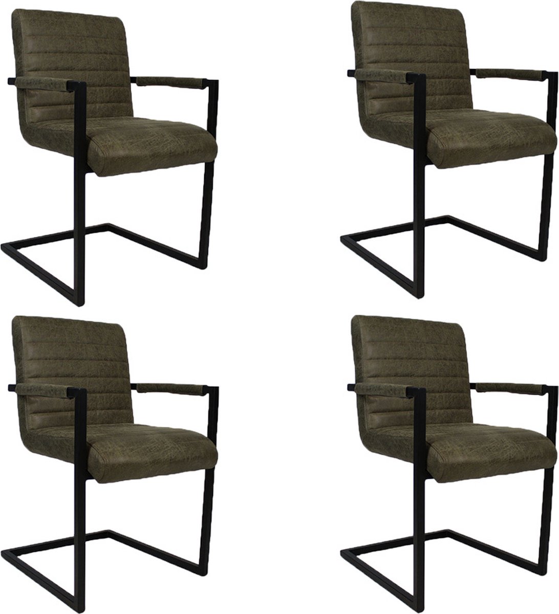 Bronx71® Industriële eetkamerstoel Block olijfgroen eco-leer - Eetkamerstoelen set van 4 - stoel