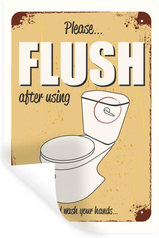 Muurstickers - Sticker Folie - Een poster met een wc en de tekst Flush - 60x90 cm - Plakfolie - Muurstickers Kinderkamer - Zelfklevend Behang - Zelfklevend behangpapier - Stickerfolie